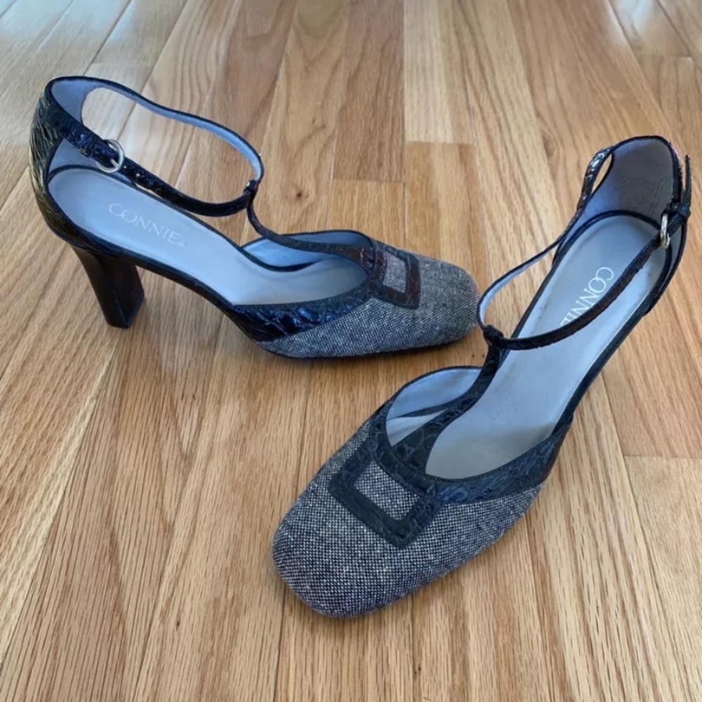 Connie 'Tabatha' Size 8M Womens Fabric Leather Upper Tweed T-strap Ankle Buckle